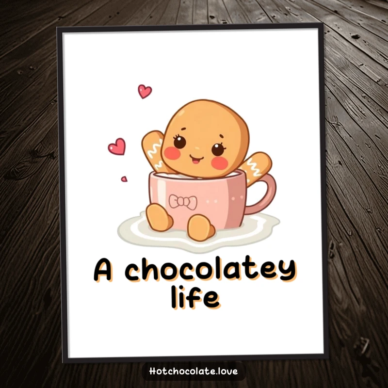Funny gingerbread character swimming joyfully in a steaming mug of hot chocolate, creating a whimsical art print poster.