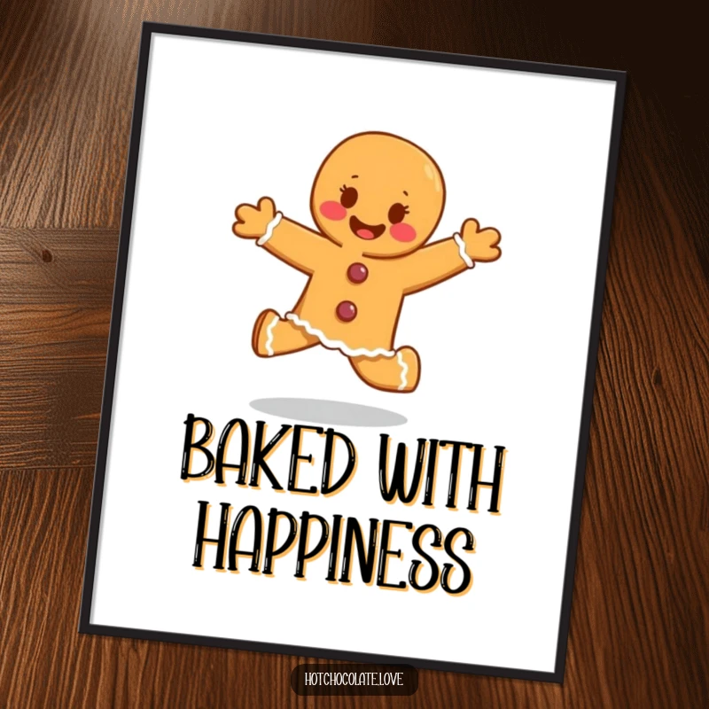 Funny gingerbread person skipping with infectious glee, a charming and humorous poster print.