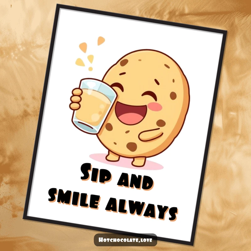 Funny happy cookie poster, joyfully taking a big sip, bringing cheerful vibes and jovial happiness to wall decor.