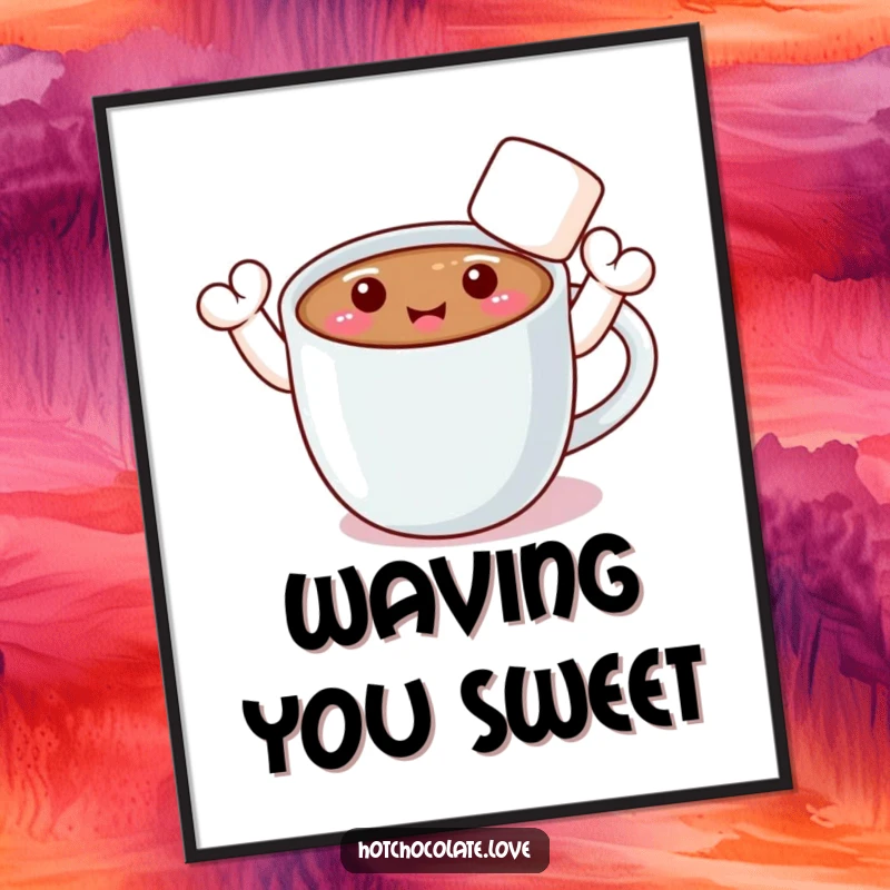Funny art print of a smiling hot chocolate mug with fluffy marshmallow arms waving enthusiastically.