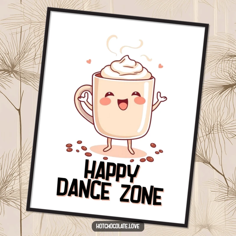 Funny poster print of a steaming mug of hot chocolate personified, captured mid-dance, radiating pure happiness and cozy vibes.
