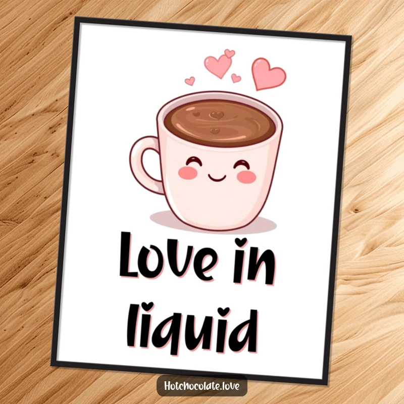 Funny Hot Chocolate Poster: A smiling anthropomorphic mug of hot chocolate with heart-shaped steam, radiating cozy vibes and joy.