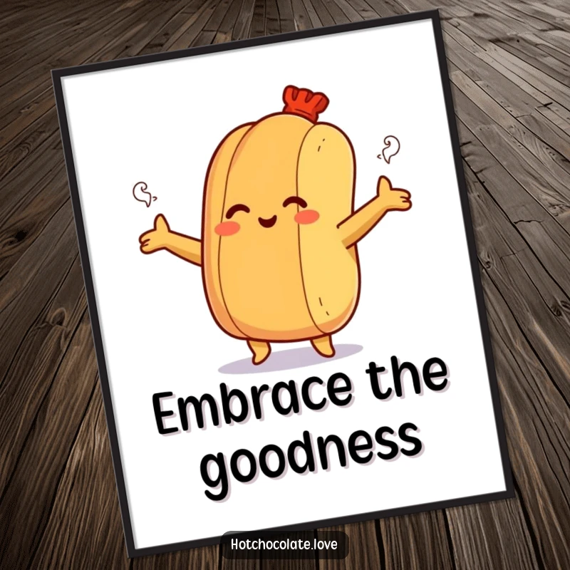 Funny poster displaying a smiling hot dog bun with outstretched arms, offering a warm and steamy hug.