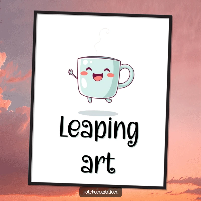 Funny Poster depicting a happy steaming mug in a joyful jump, adding a humorous and energetic piece to any wall.