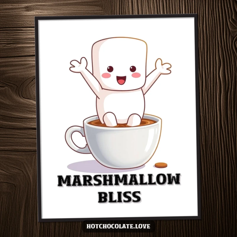 Funny poster art of a happy marshmallow character making a splash as it leaps into a warm cup of hot chocolate.