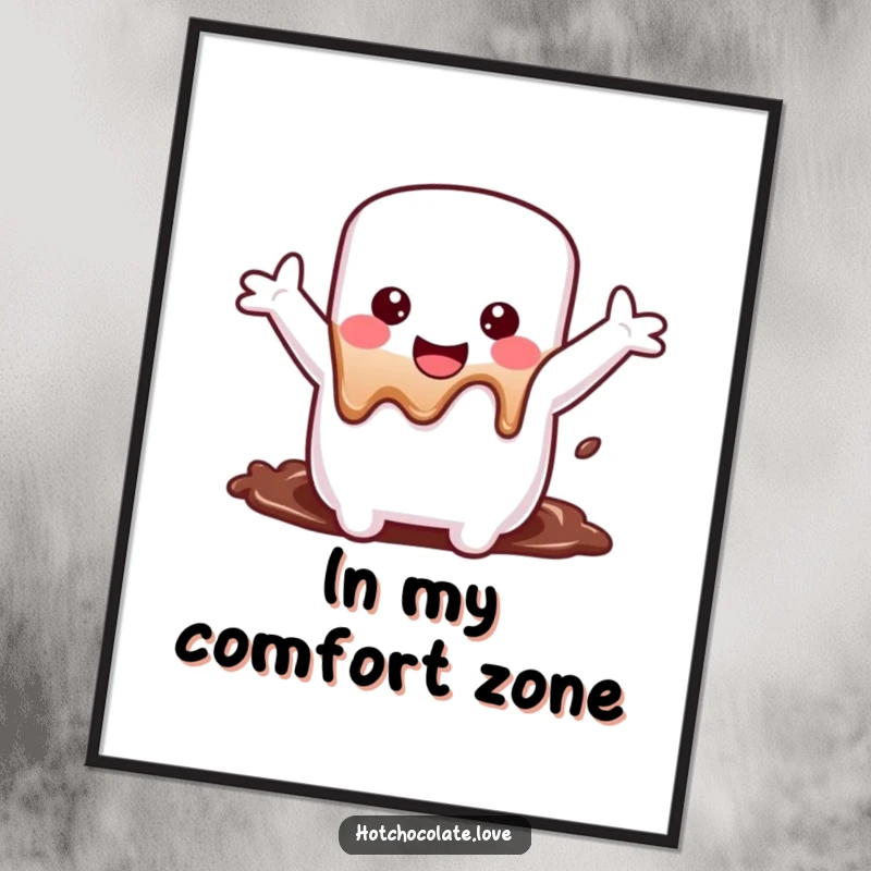 Funny Poster depicting a delighted marshmallow with arms wide, happily melting into chocolate, radiating warmth and sweet, humorous delight.