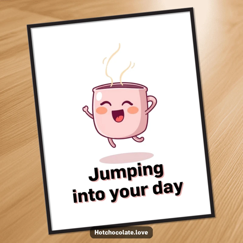 Funny poster art of a happy steaming mug performing a delightful joyful jump, bringing energy and humor to any room, great funny gift.