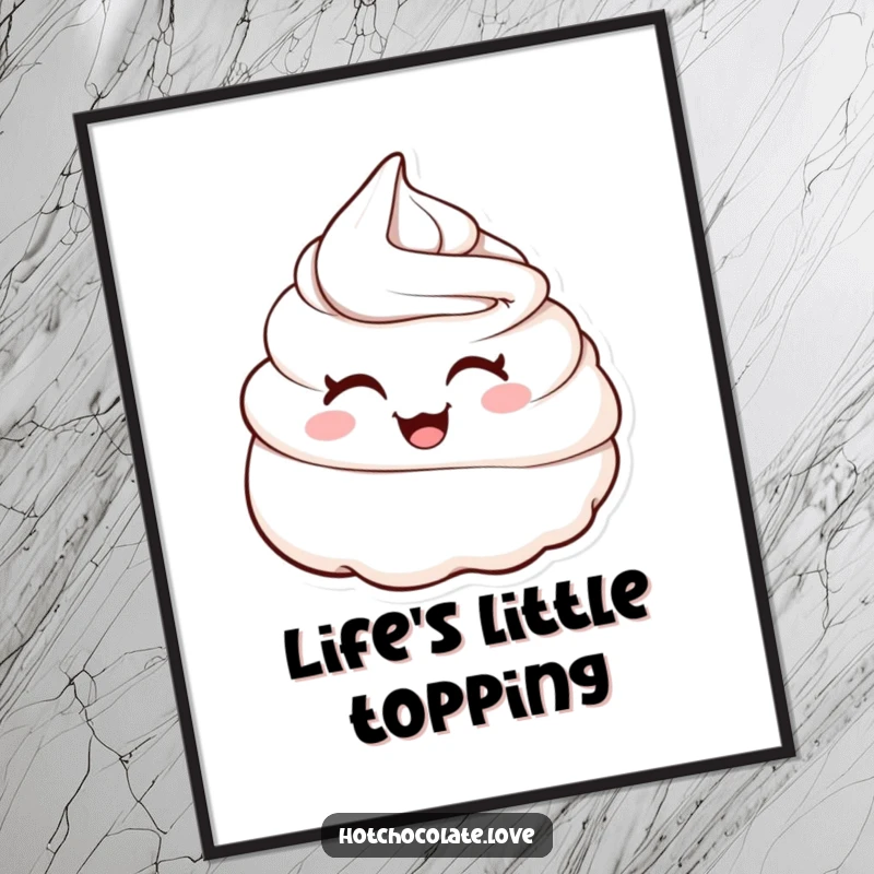 Funny poster depicting a cheerful whipped cream dollop with a charming wink, adding a sweet and humorous artistic flair to any room.