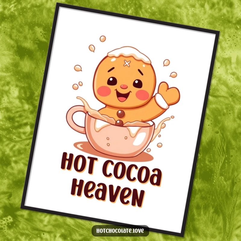 Funny Gingerbread Poster: A delighted gingerbread man splashing in hot cocoa, adding festive fun and cheer to decor.