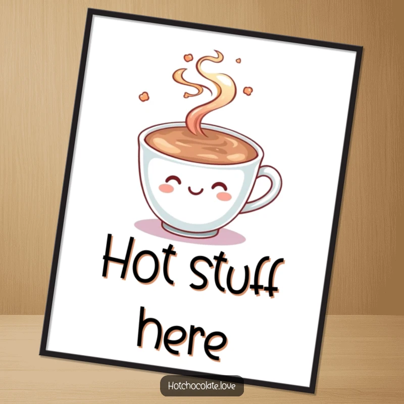 Funny Hot Chocolate Poster: A smiling cup of hot chocolate with steam playfully swirling, radiating warmth, comfort, and happiness.