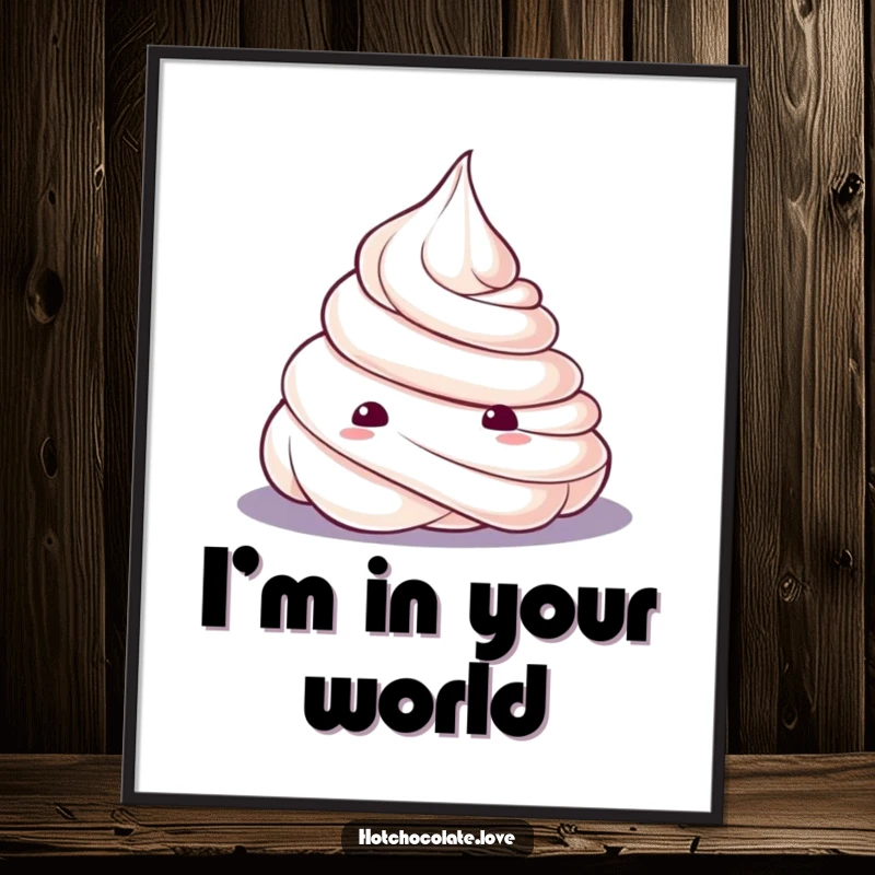 Funny Poster art of a curious whipped cream dollop, looking out with wide eyes, adding a whimsical touch to home decor.