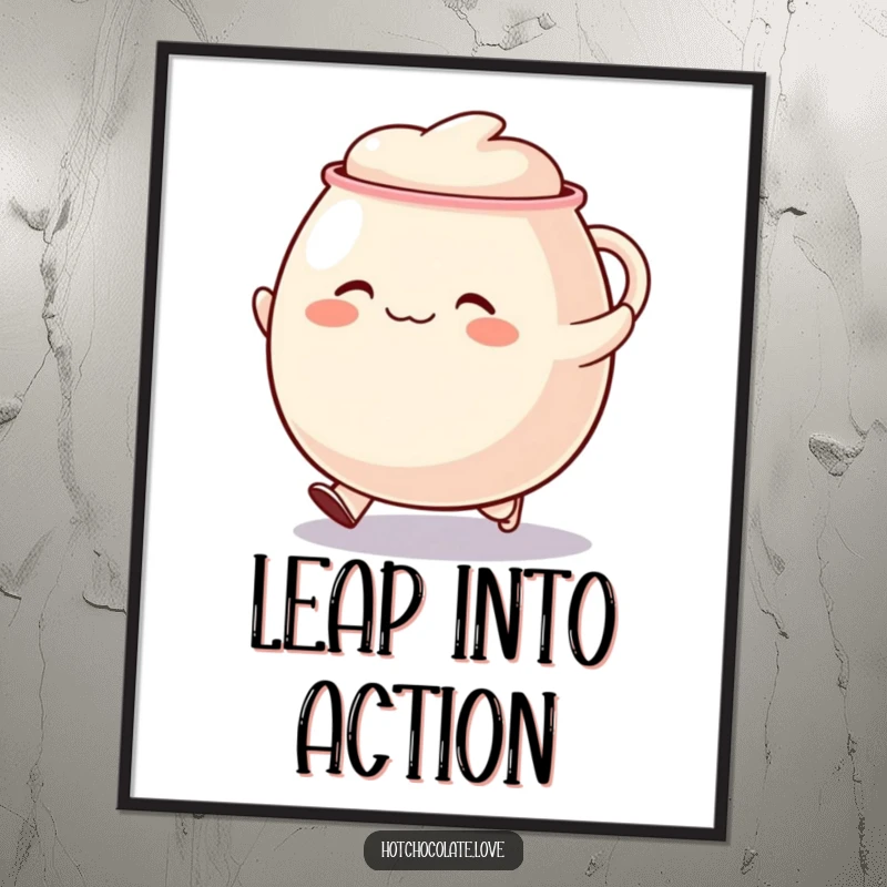 Funny skipping mug poster, featuring a round, happy mug character joyfully skipping, adding vibrant energy to walls.