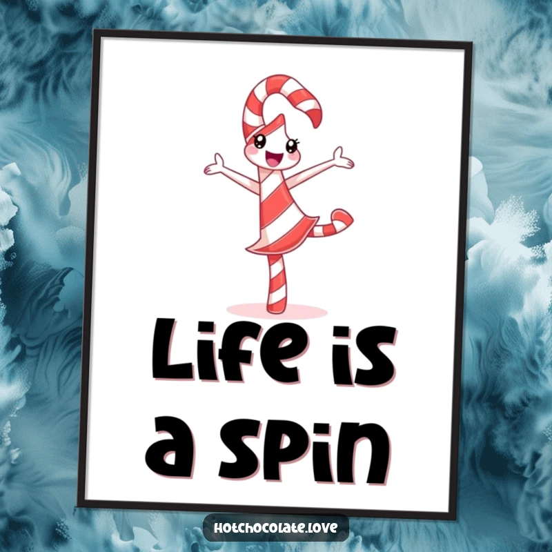 Funny Candy Cane Poster showcasing a delighted candy cane performing a silly pirouette with festive stripes, perfect for holiday decor.