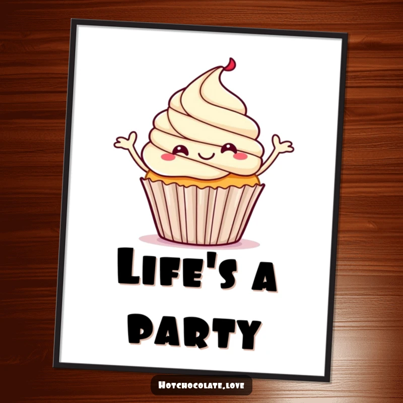 Funny poster art of a happy cupcake with steam rising, performing a joyful little jig.