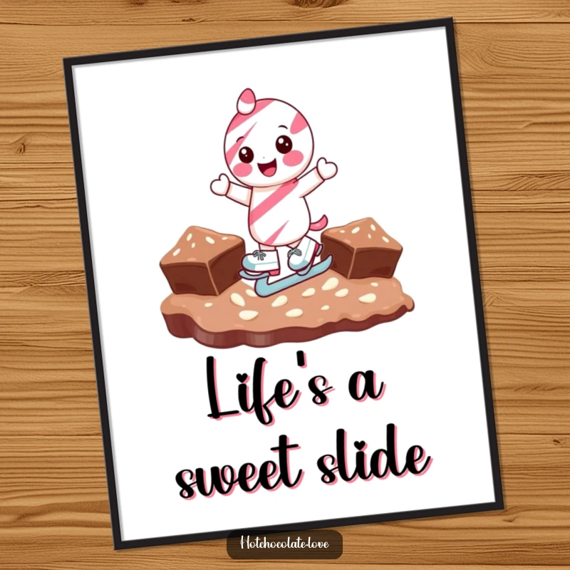 Funny candy cane character gleefully ice skating on a chocolate surface, presented as a festive and humorous wall poster.