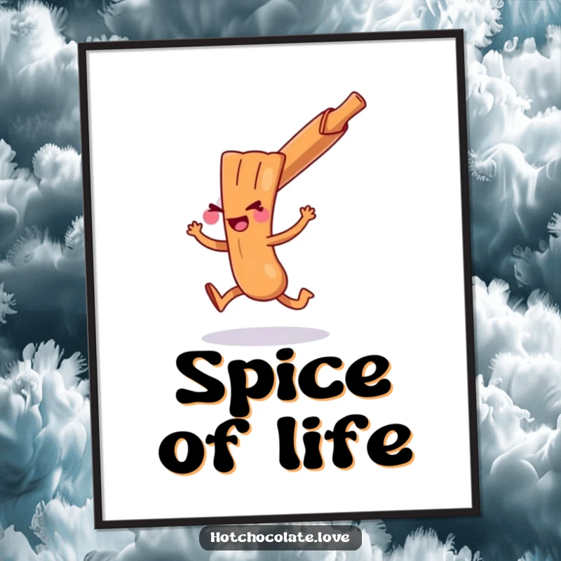 A playful cinnamon stick doing a mischievous hop, displayed as a funny art poster, adding zest to any room.