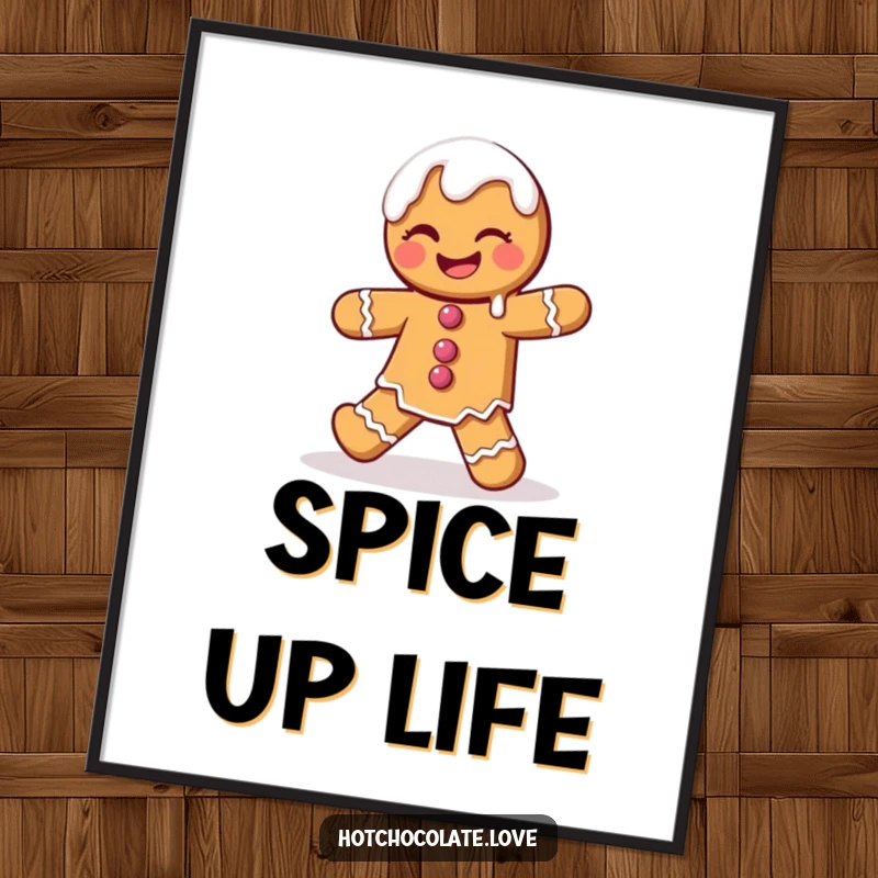 Funny Gingerbread Man Poster showcasing a winking character performing a playful dance with charmingly dripping icing, perfect for holiday decor.