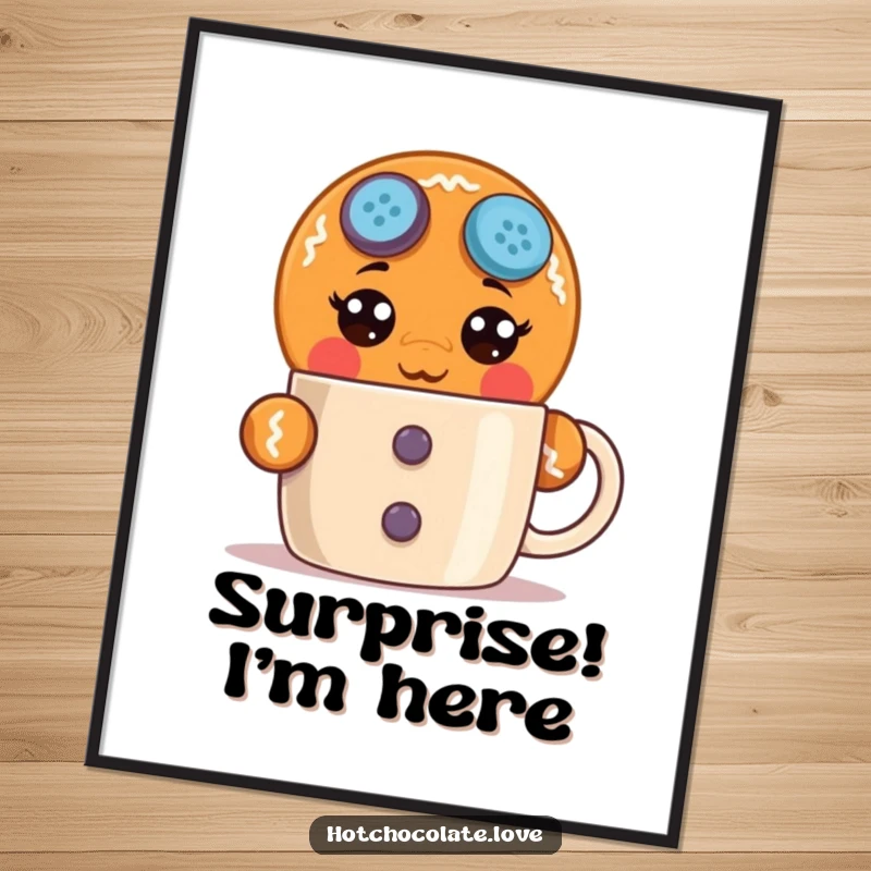 Funny surprised gingerbread man poster, wide-eyed and peeking, bringing humorous shock and festive cheer to any wall space.
