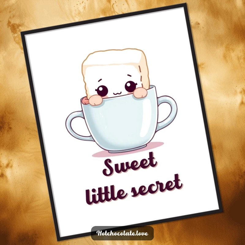 Funny poster depicting a curious sugar cube character peeking over a mug's rim, adding whimsical and humorous decor to any room.