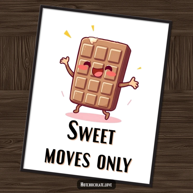 Funny Chocolate Bar Poster showing an enthusiastic chocolate bar doing a dance, adding energy and humor to any room.
