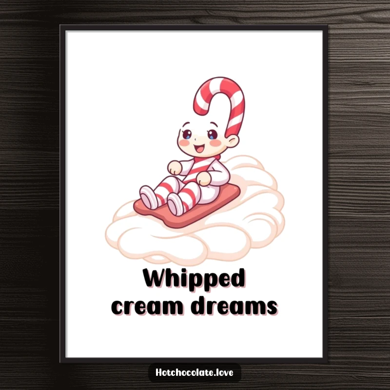Funny poster art of a happy candy cane character joyfully sliding down a fluffy peak of whipped cream, celebrating the holidays.