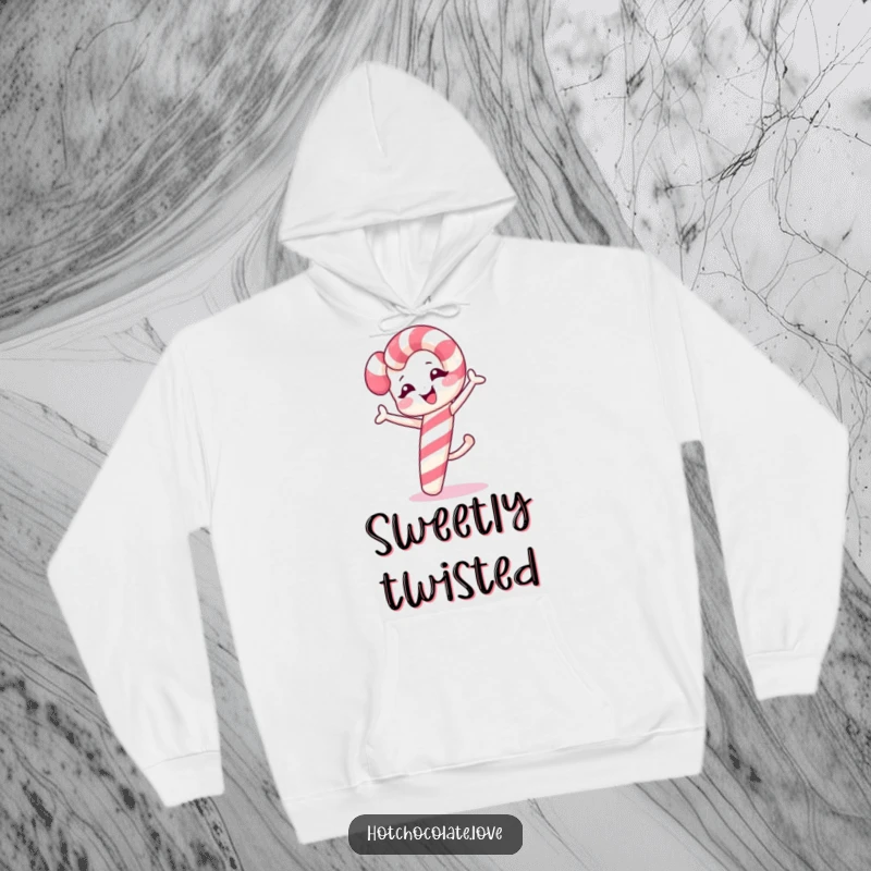 A cozy hoodie showcasing a funny winking candy cane performing a dynamic cartwheel.