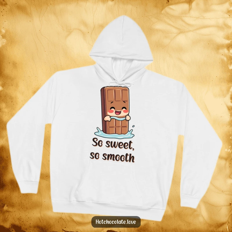 Funny Chocolate Hoodie featuring a giggling chocolate bar person taking a dip, perfect for cozy indulgence.
