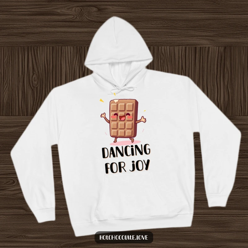 Funny Chocolate Bar Hoodie showing an enthusiastic chocolate bar dancing, perfect for warmth and sweet fun.