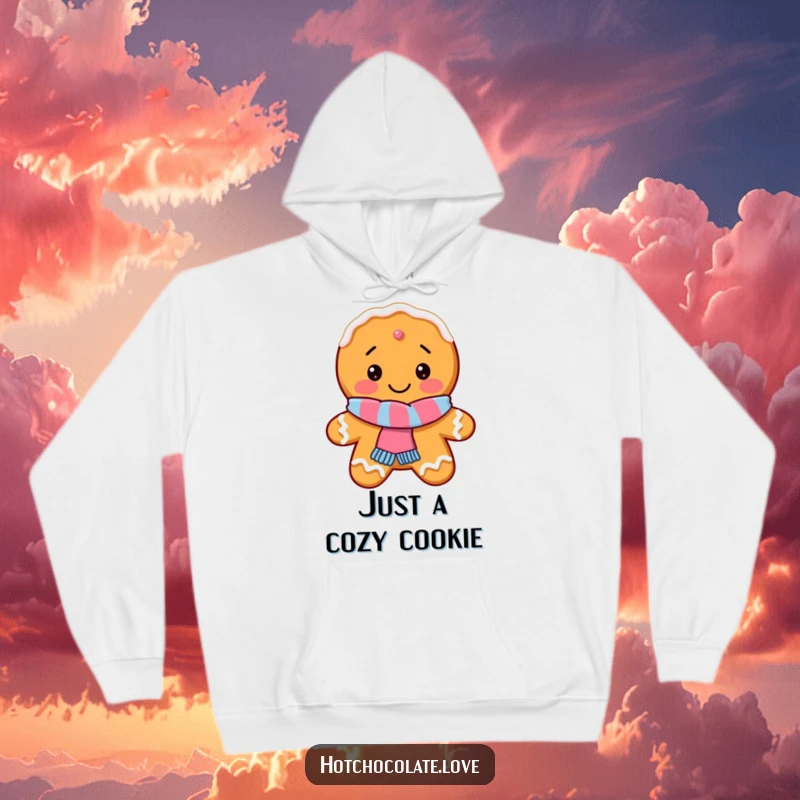 Funny Gingerbread Cookie Hoodie showing a delighted cookie with a scarf, perfect for warmth and holiday cheer.
