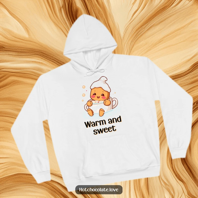 Funny hoodie featuring a delighted gingerbread person swimming happily in a mug of hot chocolate, designed for ultimate cozy humor.