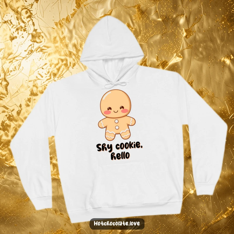 Funny gingerbread man hoodie showcasing a blushing gingerbread man with a shy smile offering a greeting, perfect for staying warm.