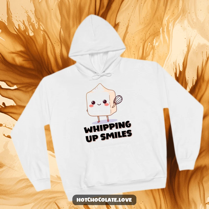 Funny sugar cube balancing a whisk, printed on a soft and warm hoodie.