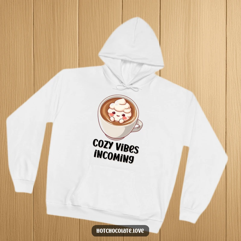 Funny hoodie featuring a cute cocoa powder puff character floating contentedly in a hot beverage, offering warmth and a humorous visual.