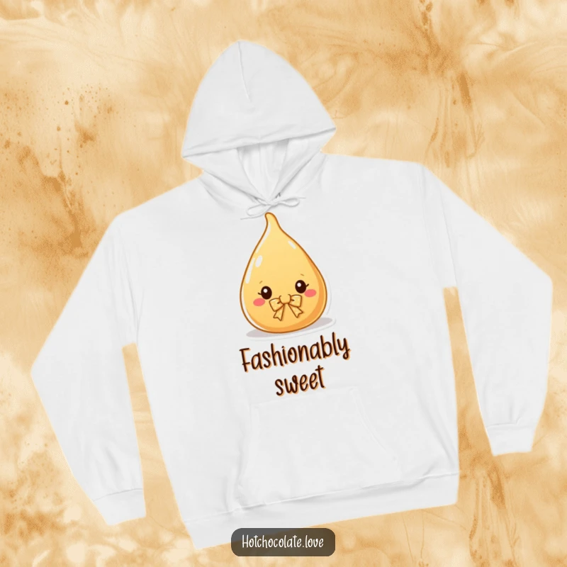 Funny Hoodie showcasing a charming caramel drop with a tiny bow, offering warmth and a touch of sweet elegance.