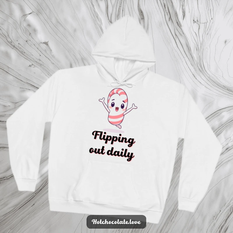 Funny surprised candy cane mid-cartwheel, a warm and humorous hoodie for embracing the unexpected.