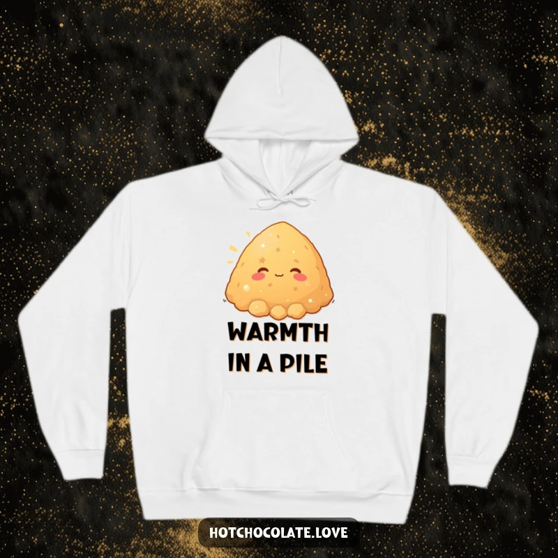 A contented pile of brown sugar character beaming with warmth, featured on a cozy hoodie, embodying comfort and sweetness.