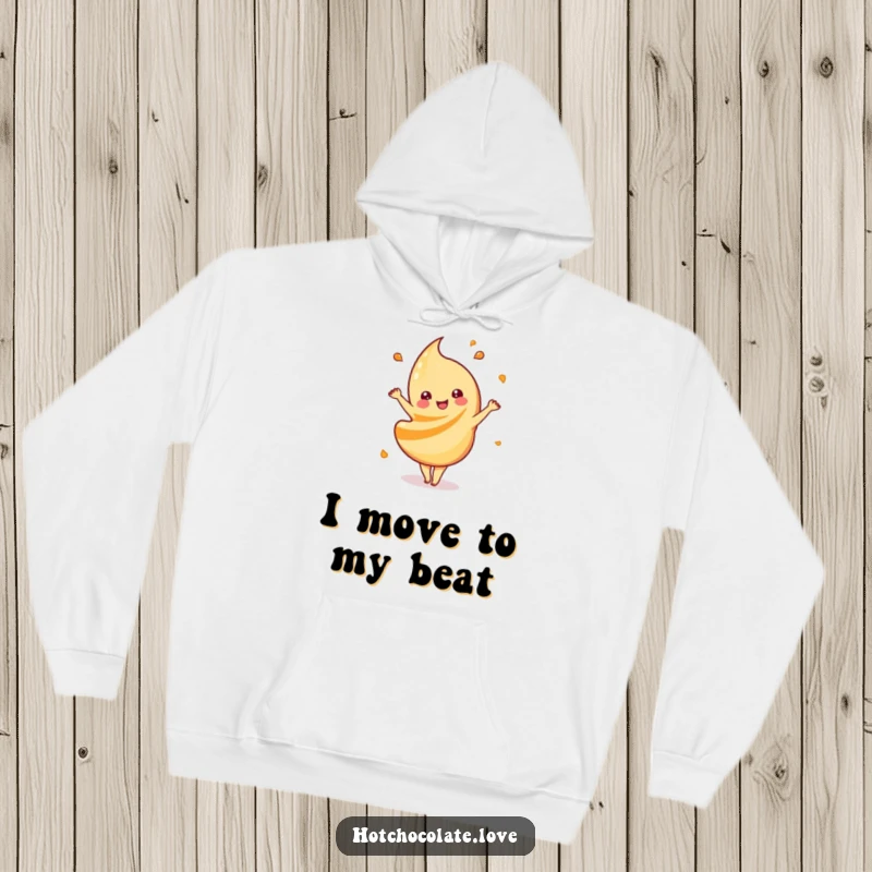 Funny playful caramel swirl hoodie, doing a happy dance, offering cozy warmth and sweet, energetic fun for all.