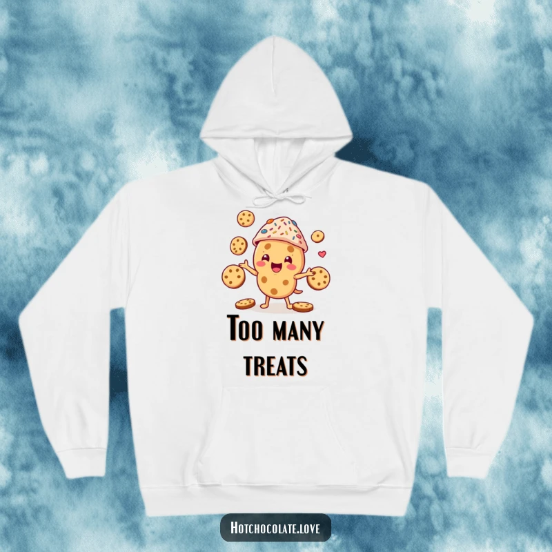 Funny cookie character with a sprinkle hat, busy juggling cookies, a warm and humorous hoodie design, perfect for cold days.