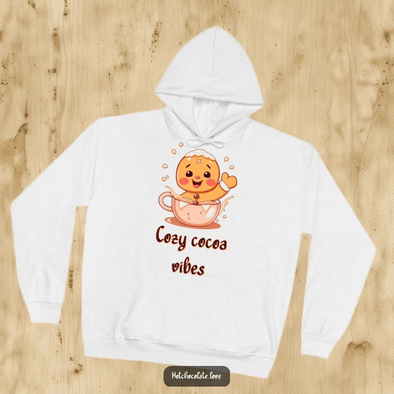 Funny Gingerbread Hoodie: A delighted gingerbread man splashing in hot cocoa, offering cozy comfort and festive humor.