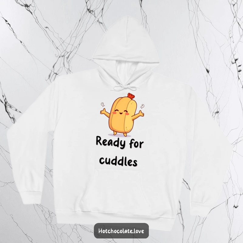 Funny hoodie featuring a smiling hot dog bun offering a steamy hug, symbolizing warmth and comfort.