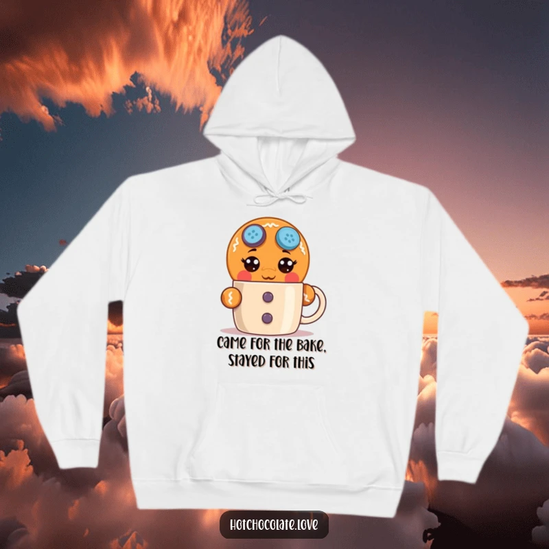 Funny surprised gingerbread man hoodie showcasing wide-eyed shock, offering warmth and humor for a delightful, festive, and amusing experience.