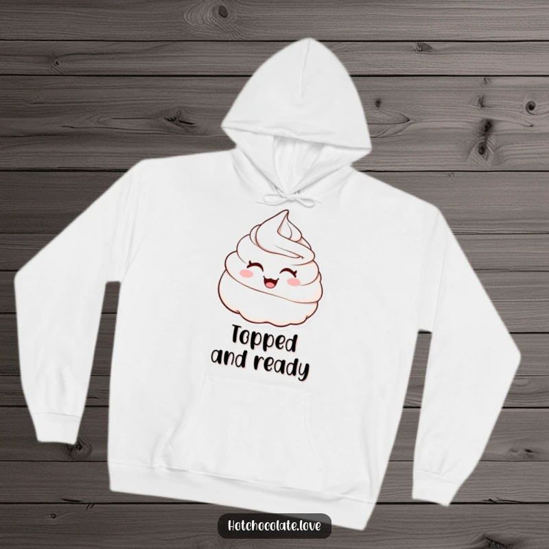 Funny hoodie featuring a cute whipped cream dollop winking mischievously, offering warm, humorous, and dessert-themed comfort.