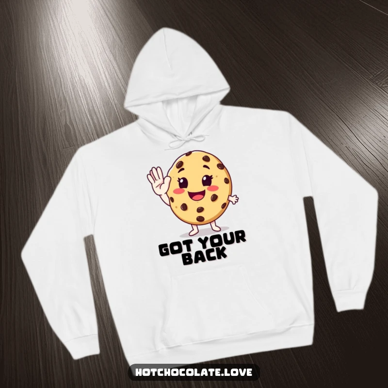Funny anthropomorphic chocolate chip cookie giving an enthusiastic high-five on a cozy and humorous hoodie.