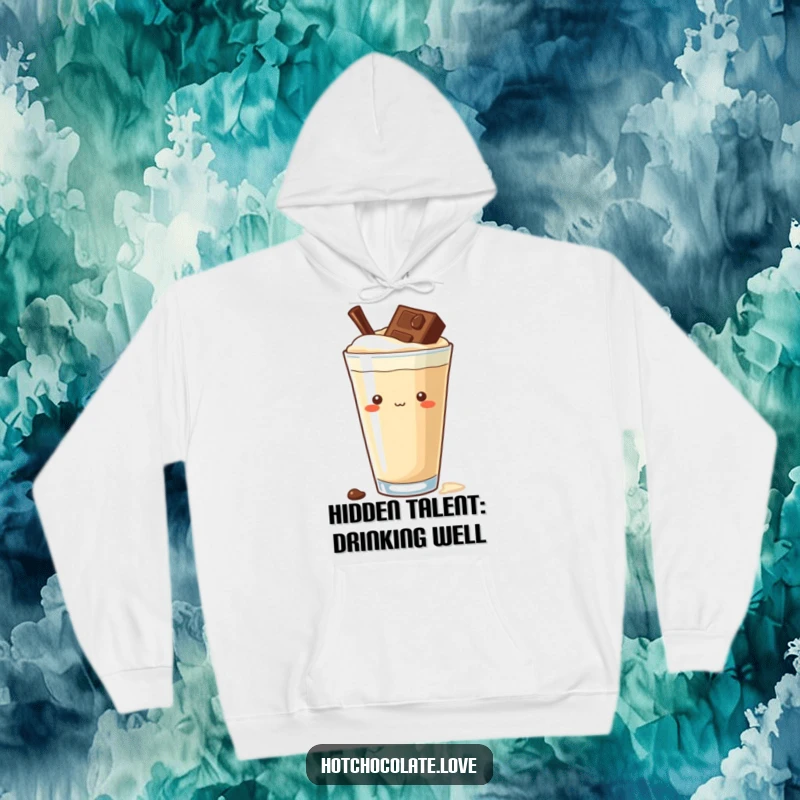 Funny curious chocolate chip hoodie, peeking from a rich drink, offering cozy warmth and humorous intrigue for enthusiasts.