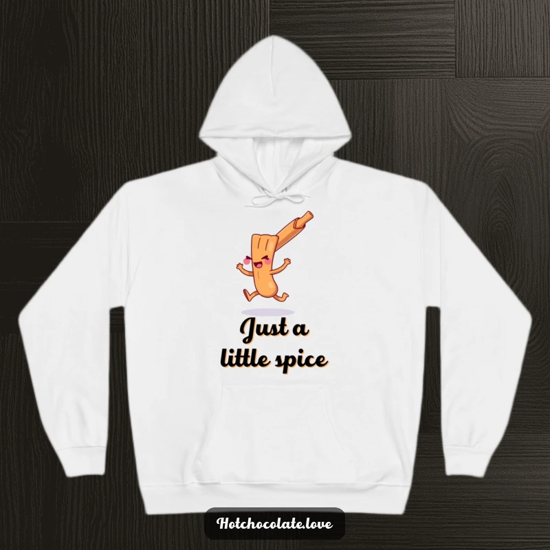 A playful cinnamon stick performing a mischievous hop, featured on a cozy hoodie, embodying warmth and fun.
