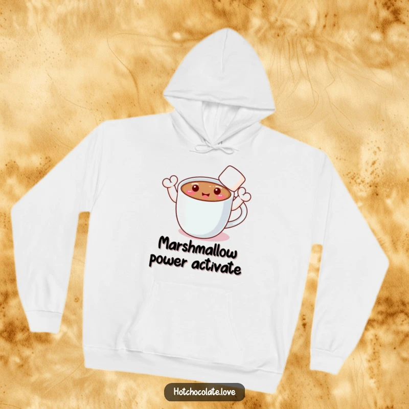 Funny hoodie featuring a smiling hot chocolate mug with two marshmallow arms waving in a friendly gesture.