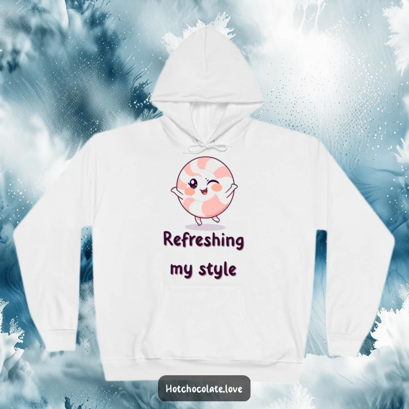 Funny hoodie featuring a winking peppermint character doing a cheerful spin, offering warmth and a cool, humorous design.