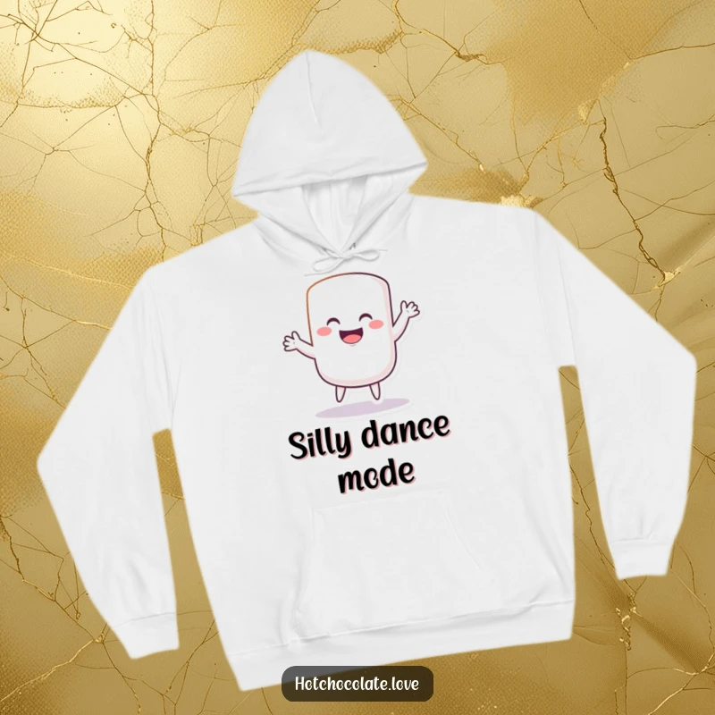 Funny Hoodie showcasing a grinning marshmallow doing a silly dance, a perfect blend of cozy comfort and humorous design.