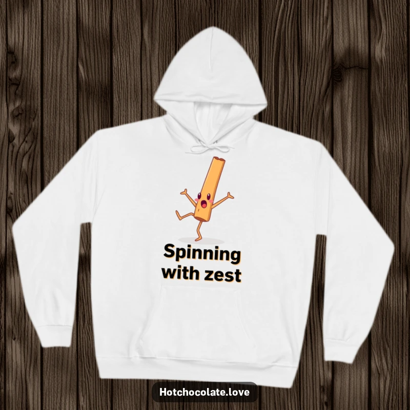 Funny surprised cinnamon stick character doing a cartwheel, featured on a cozy and warm hoodie.