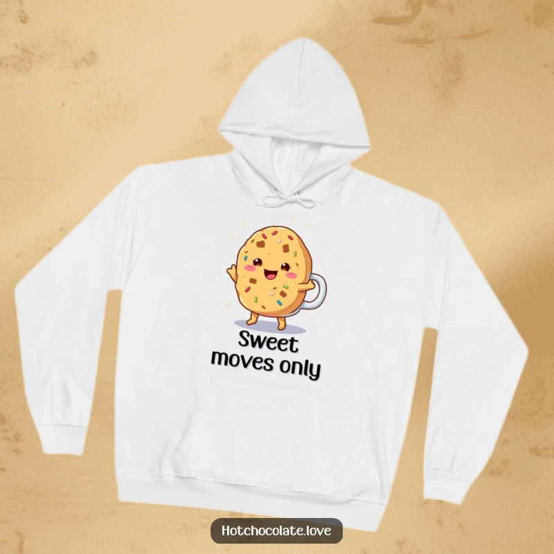 Funny Cookie Hoodie depicting a cheerful cookie with sprinkles doing a happy jig, offering cozy sweetness and humor.
